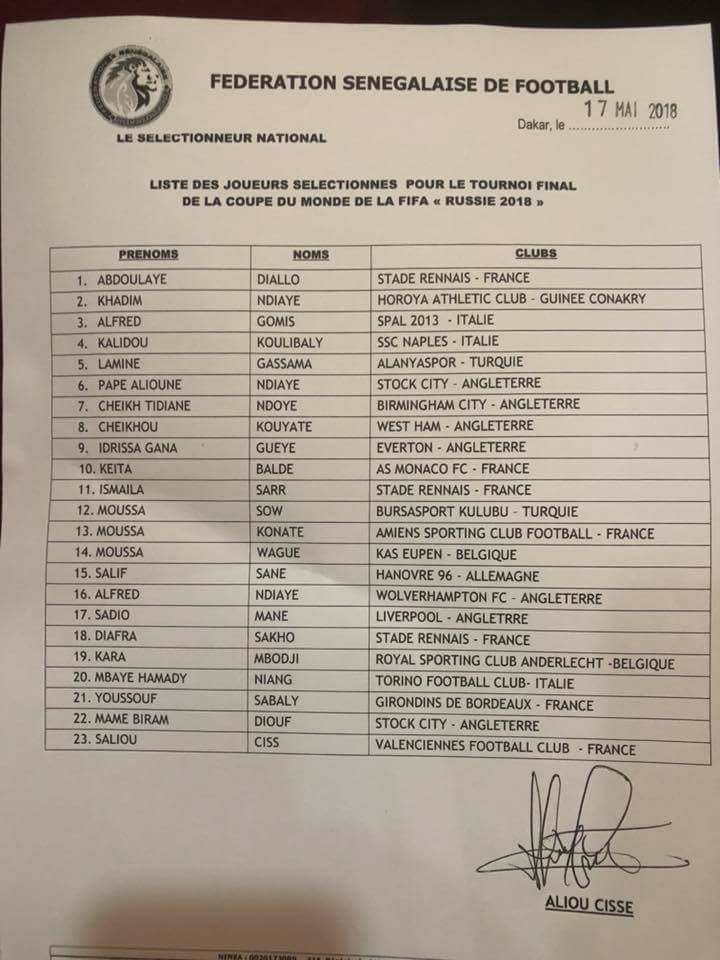  Mondial-2018 : Aliou Cissé publie une liste de 23 joueurs seulement
