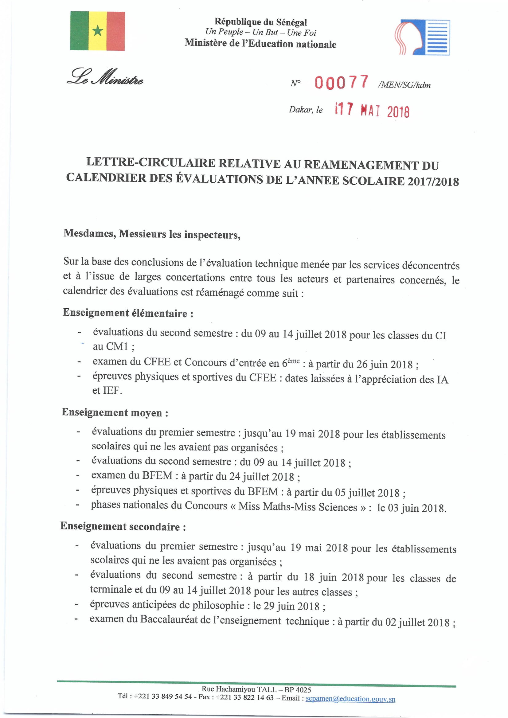 Lettre circulaire relative au réaménagement du calendrier des évaluations de l'année scolaire 2017/2018 