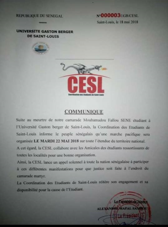 Mort de Fallou Sène : Les étudiants décrètent 4 jours de marche nationale 