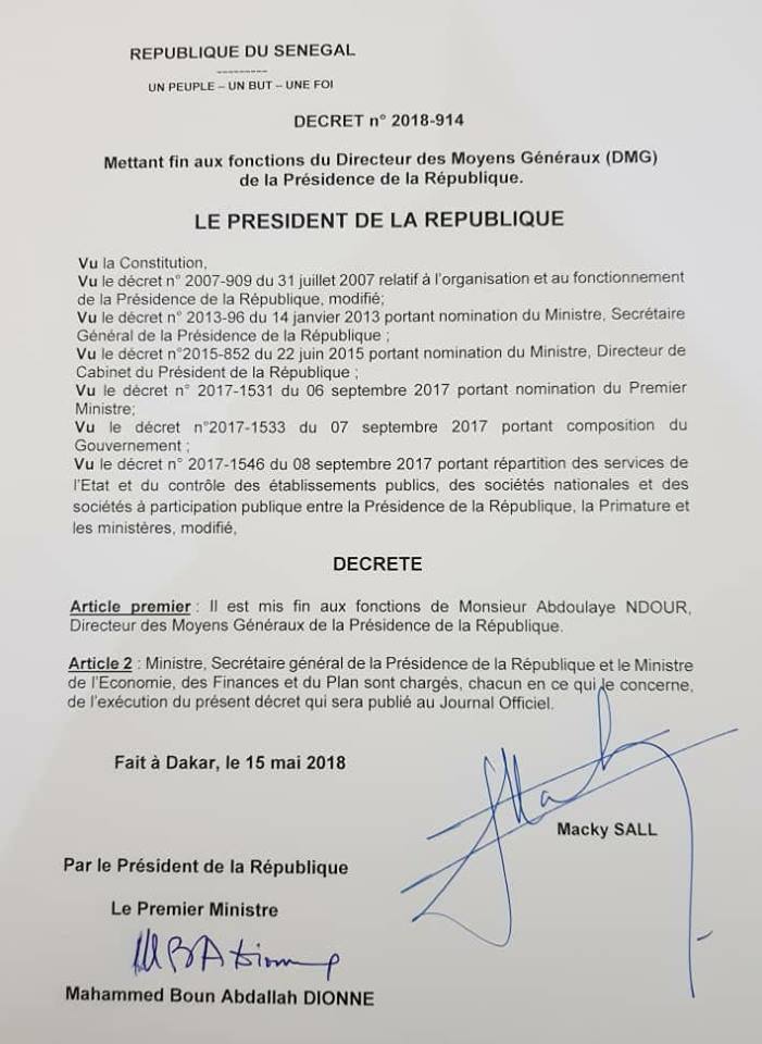 Viré, Abdoulaye Ndour toujours  DAGE de la Présidence de la république 