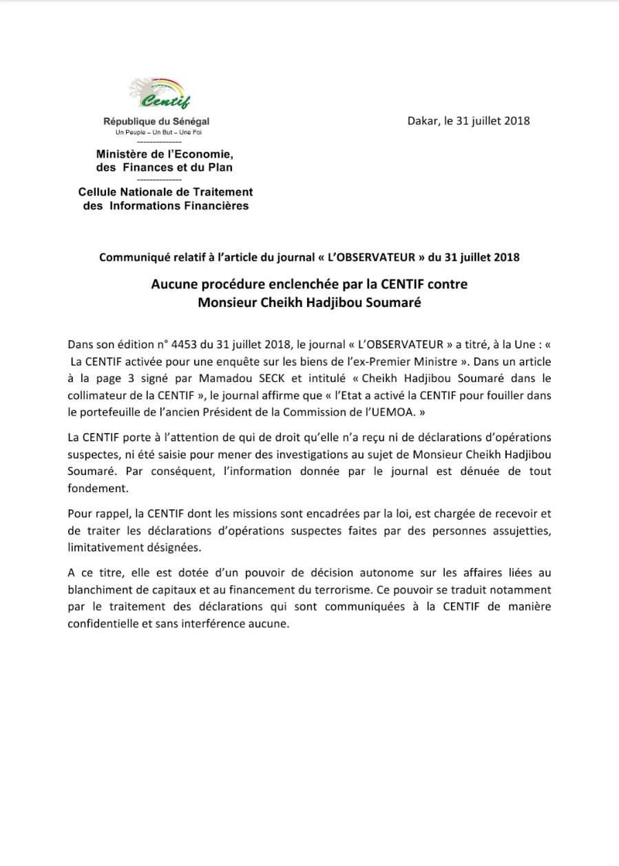 Traque contre Hadjibou Soumaré: le CENTIF dément et précise  