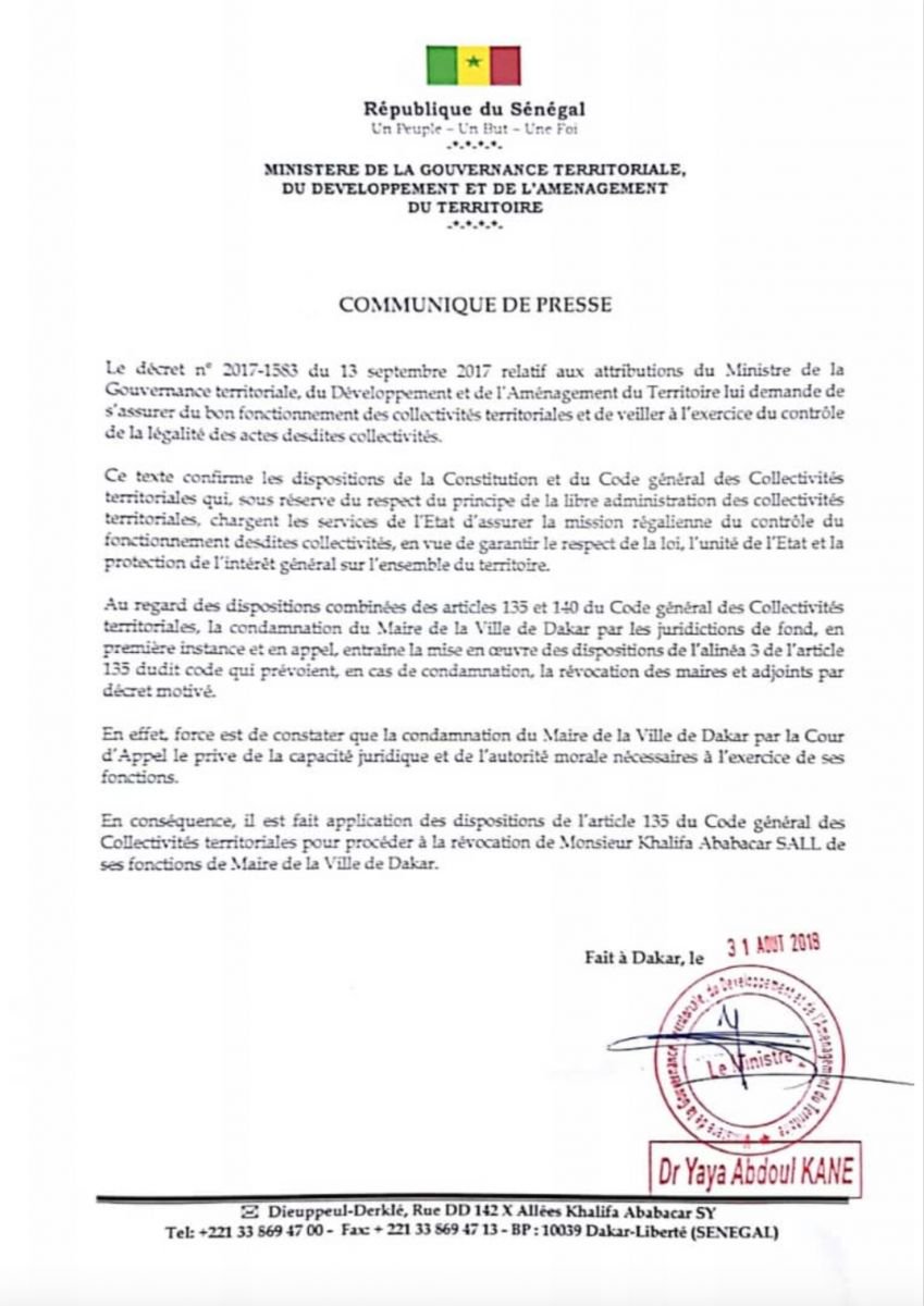 URGENT: Macky chasse Khalifa Sall de la mairie de Dakar (Documents)