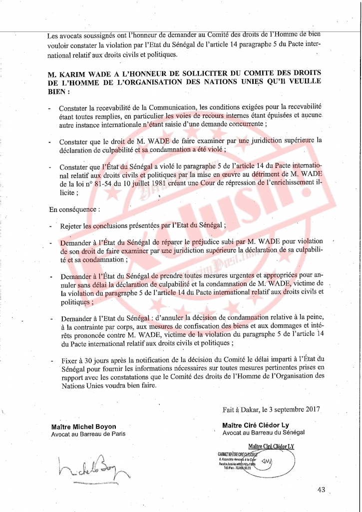 Exclusif! Ces demandes de Karim Wade rejetées par le Comité des droits de l’homme de l’Onu