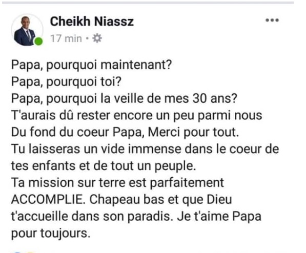 Le fils de Sidy Lamine Niass: «Papa pourquoi tu es parti à la veille de mes 30ans... »