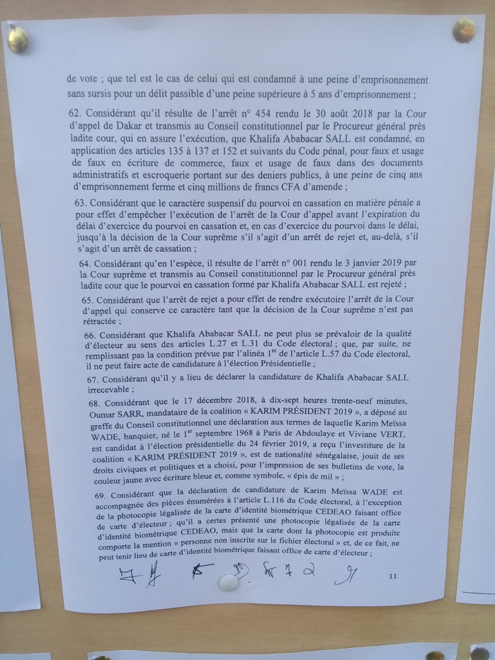 Les raison de l'élimination des candidats Karim Wade et Khalifa Sall (Documents)