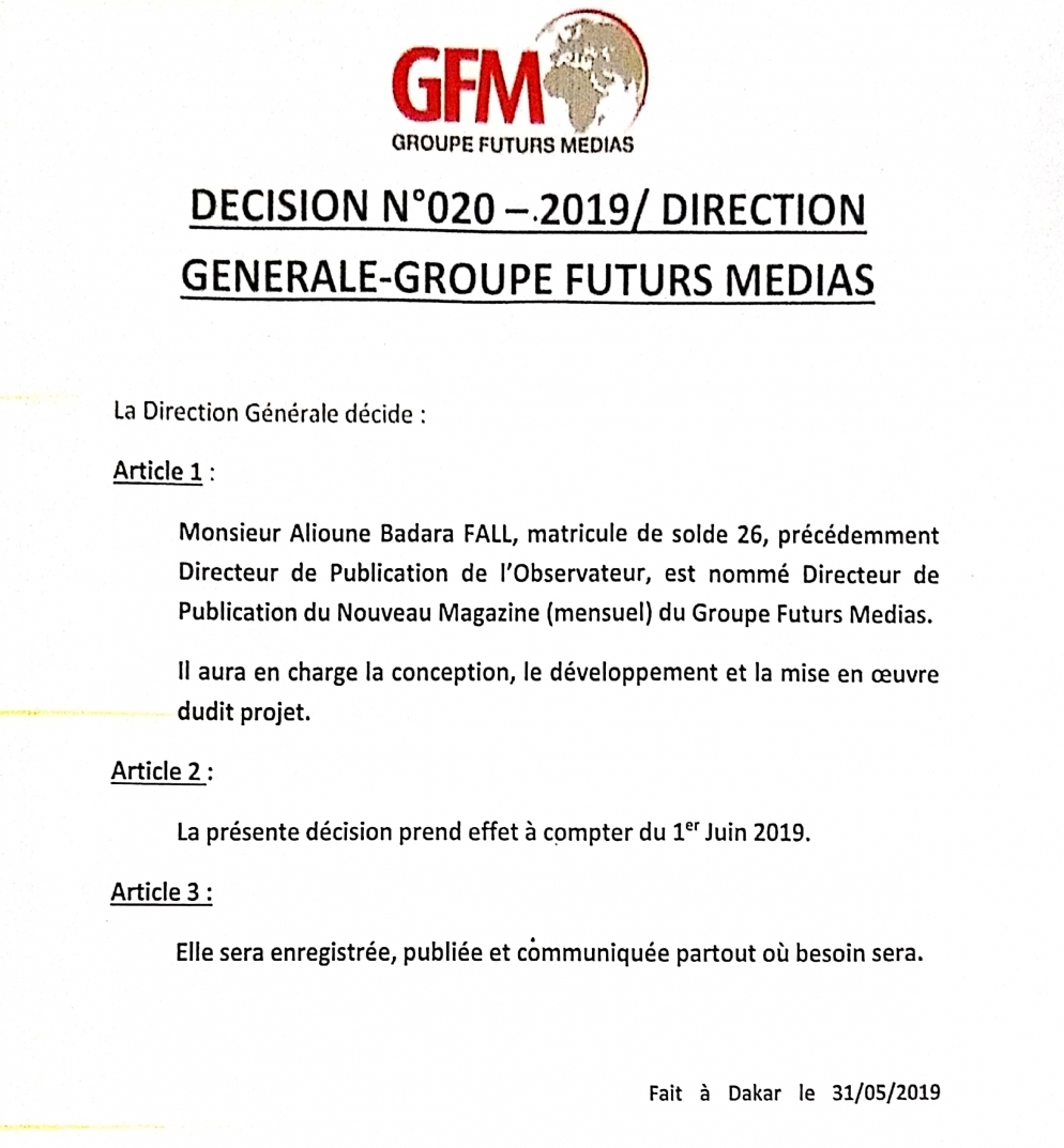 Alioune Badara Fall n'est plus Directeur de Publication de l'OBSERVATEUR ! (Document)