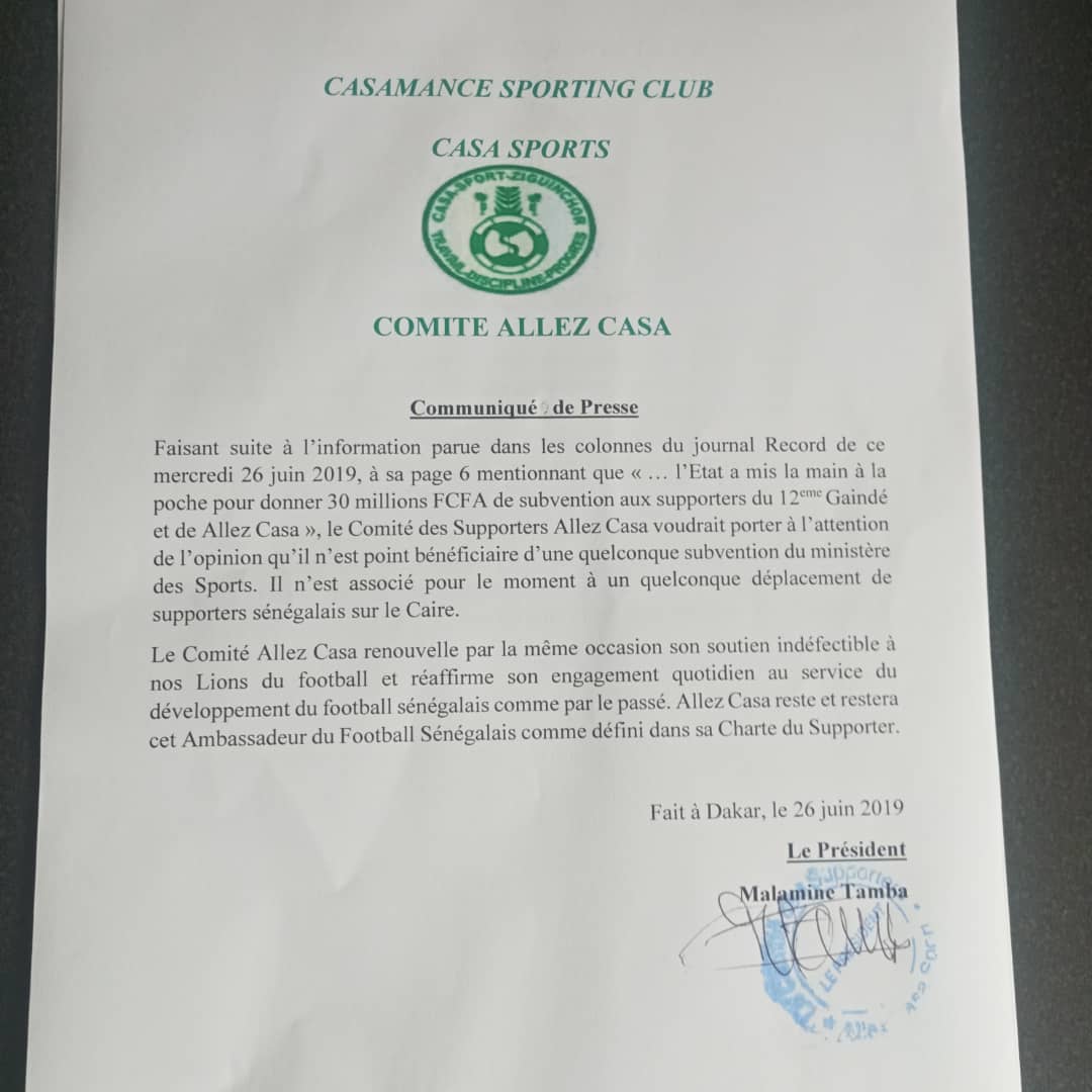 30 millions FCFA de subventions aux supporters: "Allez Casa" dément le gouvernement (Document)