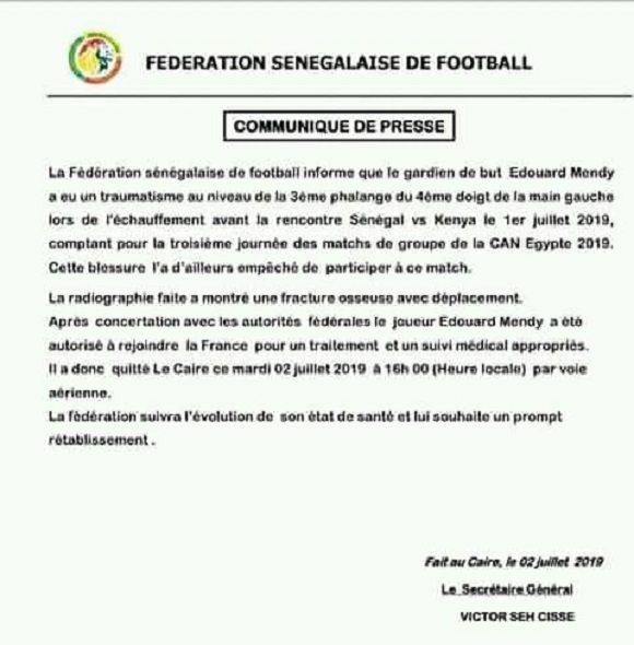 CAN 2019 : Edouard Mendy quitte l'équipe nationale 