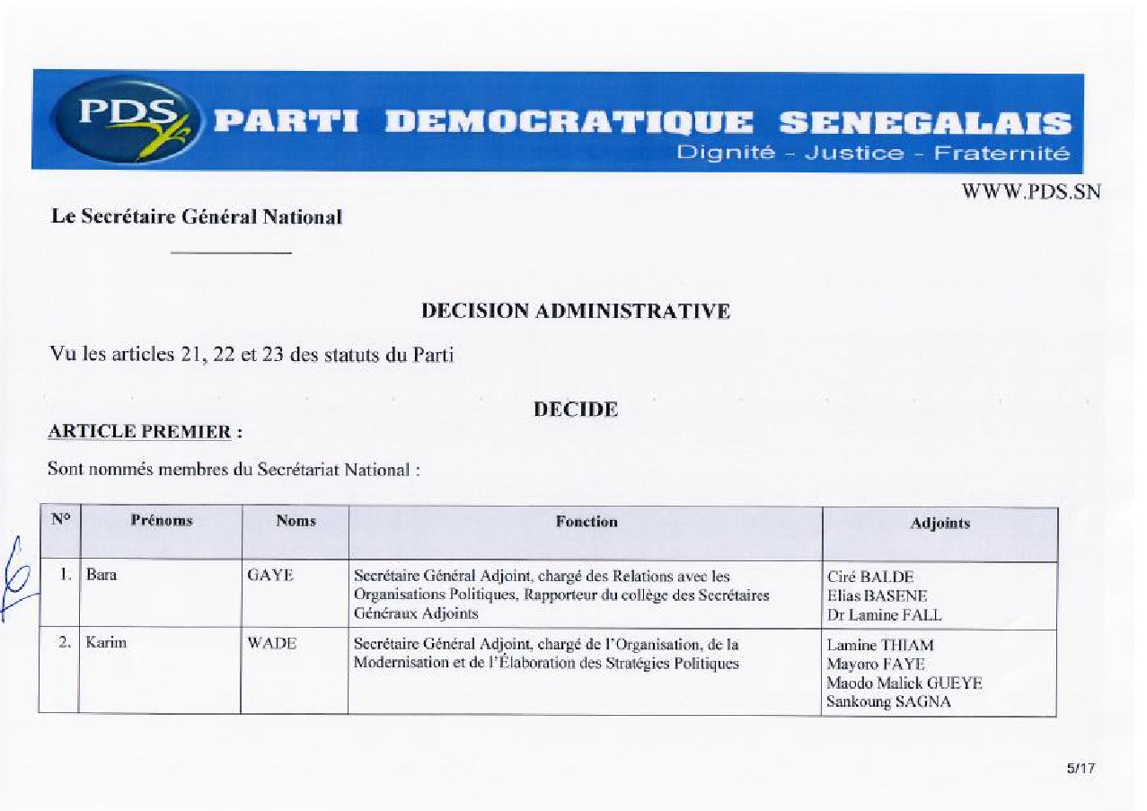 Nouveau Secrétariat National : Karim Wade en pôle position, Oumar Sarr et Cie virés 