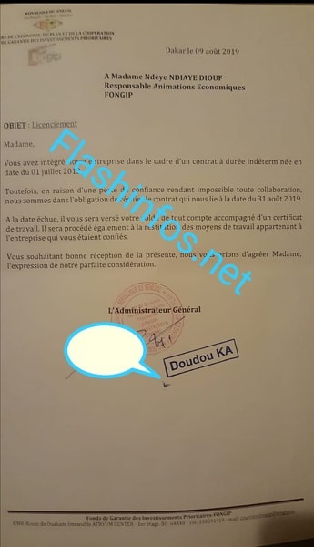 FONGIP: Voici la lettre de licenciement de Ndèye Ndiaye Atlanta...