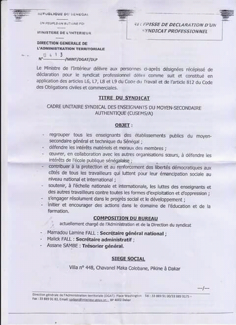 Secrétariat général du CUSEMS/A: Dame Mbodj viré (Documents)