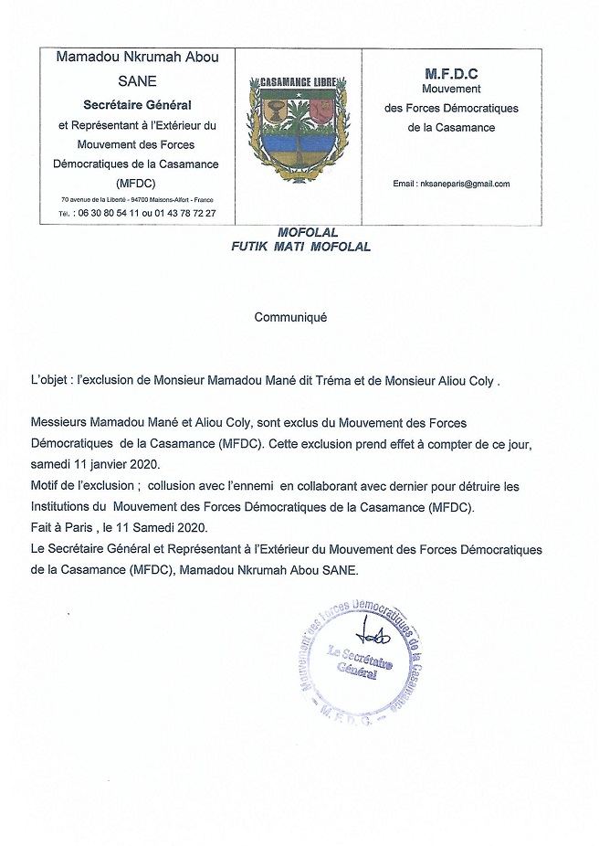 Activité fractionniste: Le MFDC vire deux de ses responsables (Document) 