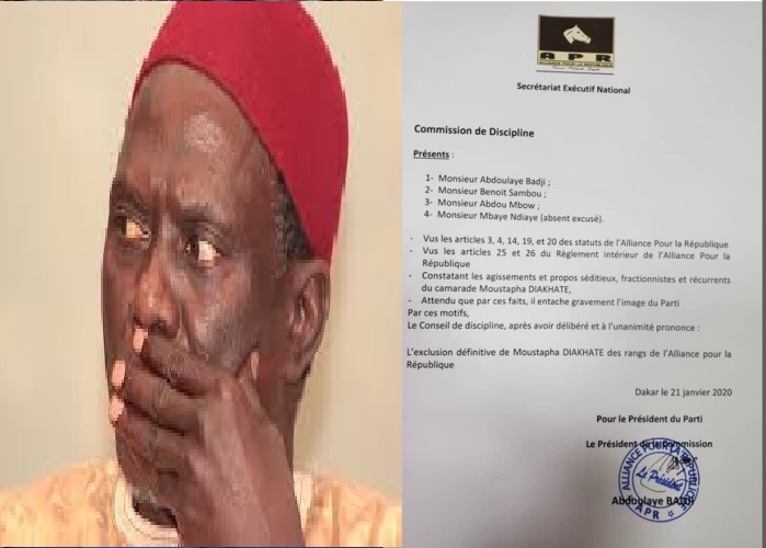 Dernière minute: Moustapha Diakhaté exclu de l’APR (DOCUMENT)