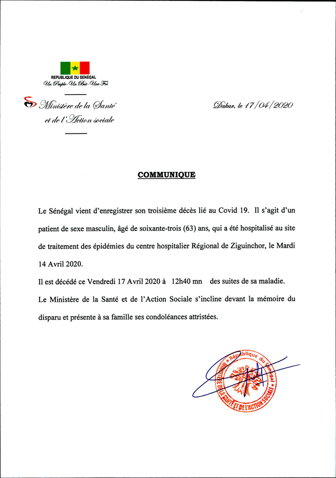Covid19: Le Sénégal enregistre son 3e décès à Ziguinchor