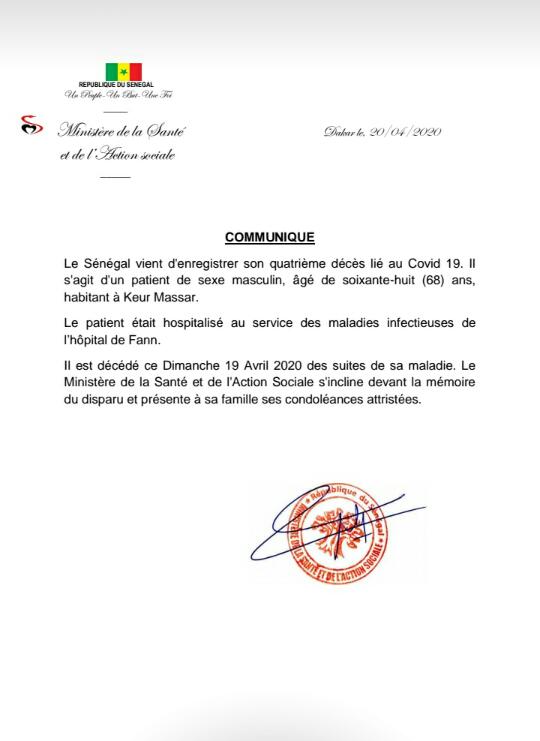  Covid19: Le Sénégal enregistre son 4ème décès (Document)