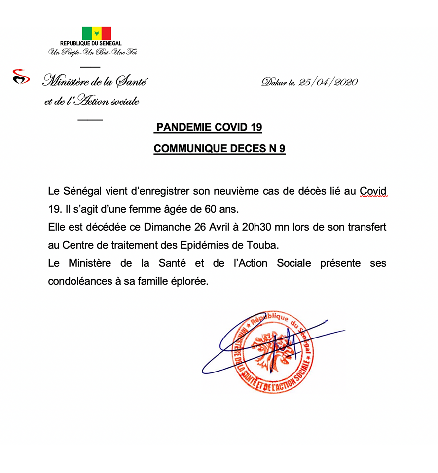Covid19: Le Sénégal enregistre son 9ème décès (Document)