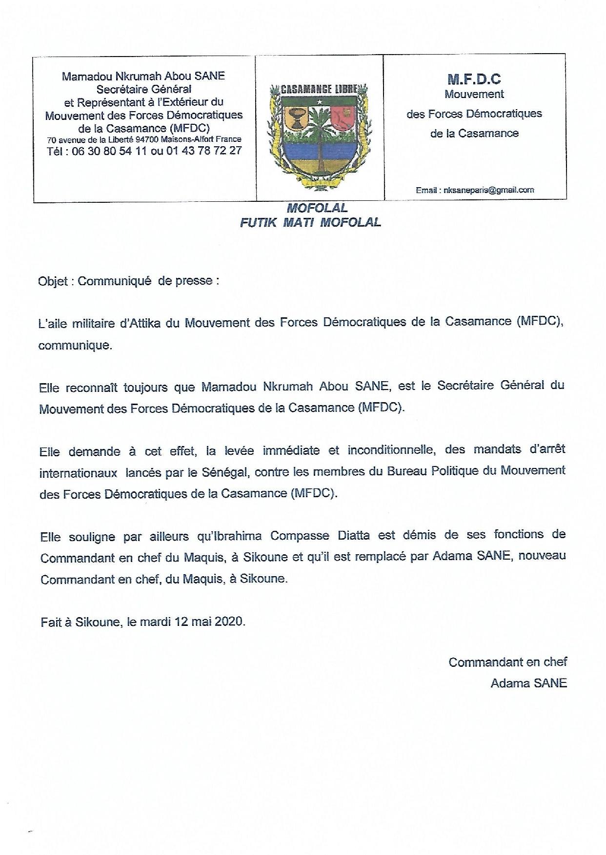 L'aille militaire du MFDC: Voici le nouveau bureau, Adama Sané remplace Compasss Diatta (Documents)