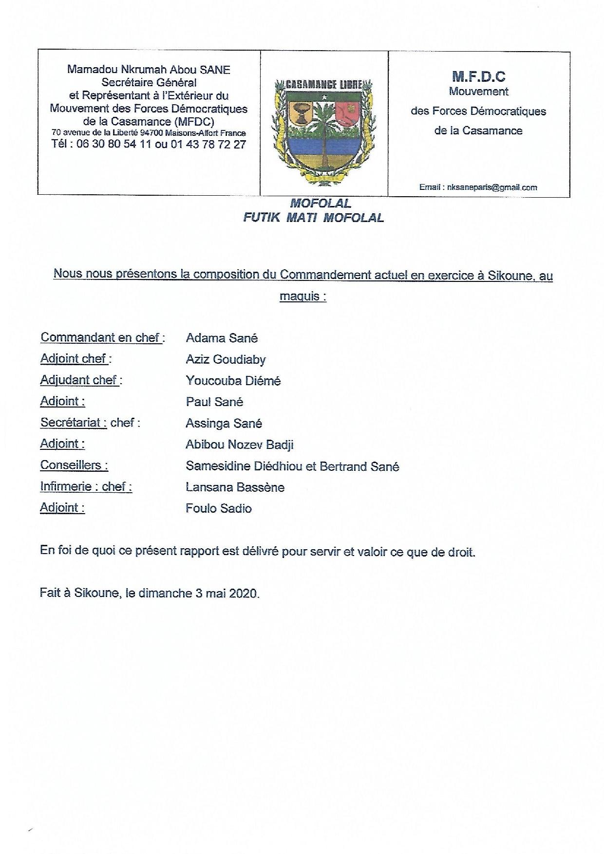 L'aille militaire du MFDC: Voici le nouveau bureau, Adama Sané remplace Compasss Diatta (Documents)