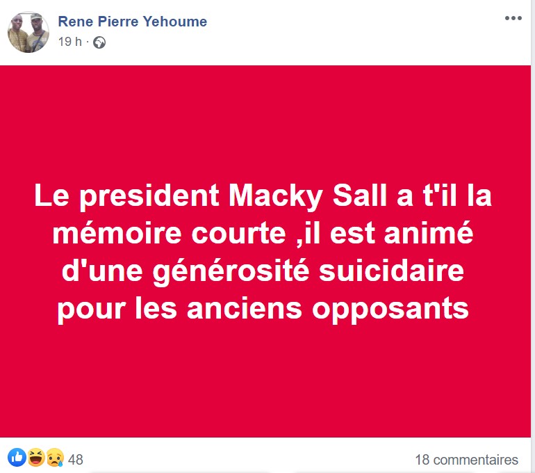 René Pierre Yéhoumé responsable Apériste: "Le président Macky Sall a t-il la mémoire courte?"