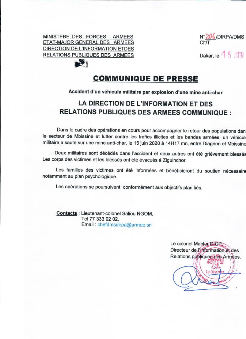 Ziguinchor: Un véhicule de l'armée saute sur une mine, deux morts...
