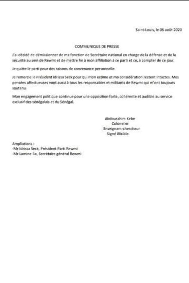 Le colonel Kébé quitte le parti Rewmi