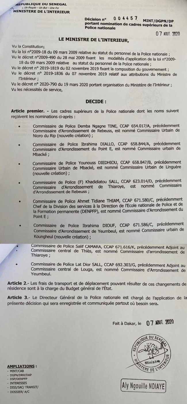  Nominations: Aly Ngouille Ndiaye chamboule la police (Document)