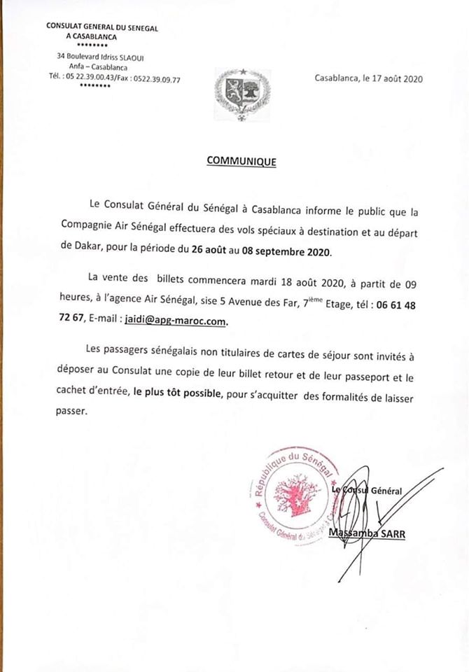 Air Sénégal SA reprend ses vols: le consulat du Sénégal à Casablanca précise... 