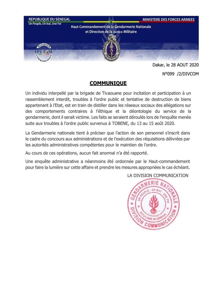 Accusation d'Ardo Gningue: La gendarmerie brise le silence