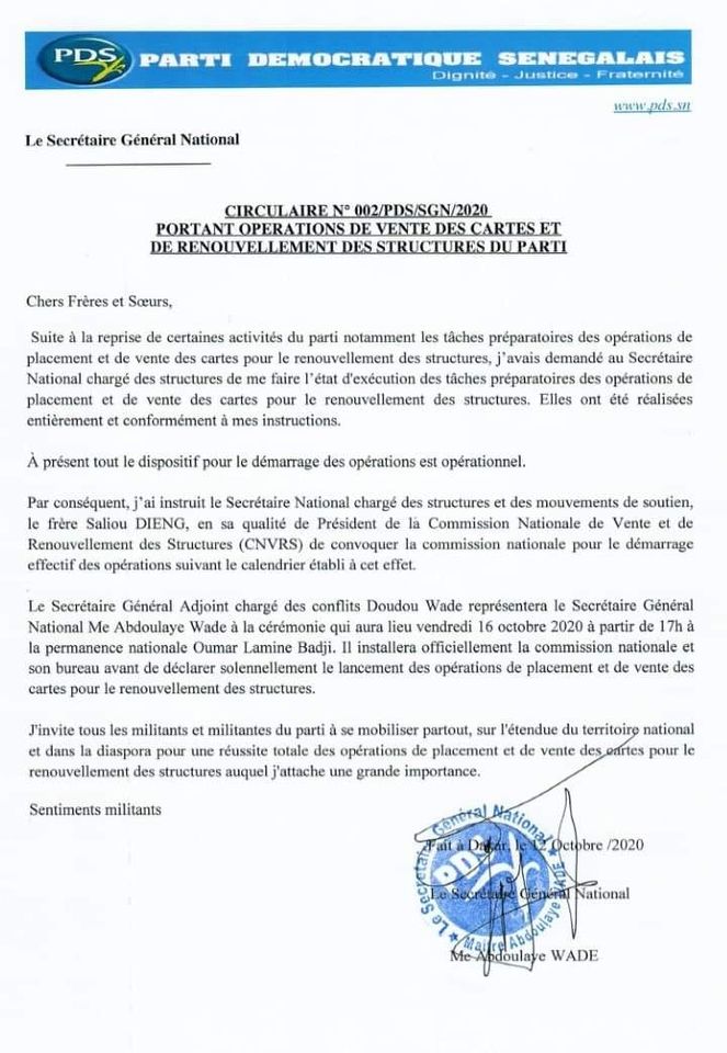 Renouvèlement des structures du PDS: Me Wade accélère le processus...(Document)