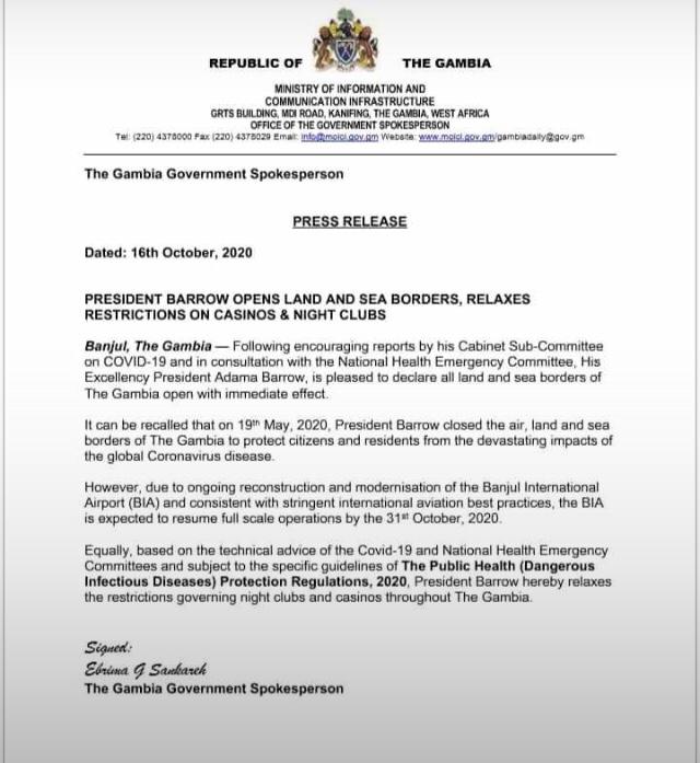 La Gambie rouvre ses frontières avec le Sénégal (Document)