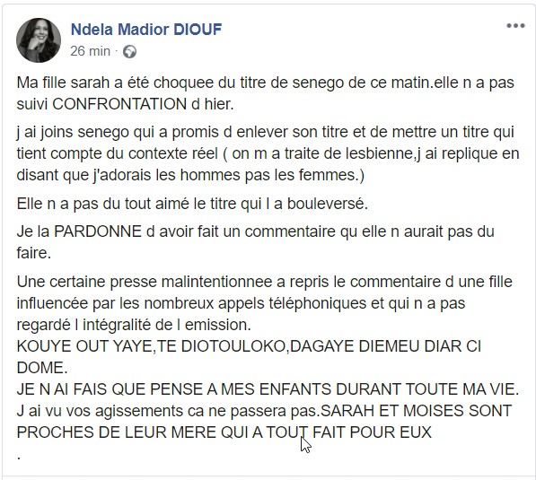 Ndella Madior sur la réaction de sa fille: «Elle n'aurait pas dû faire ce commentaire...»