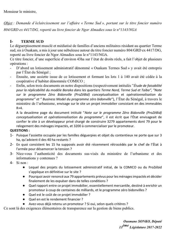 Assemblée nationale: Sonko dépose deux questions écrites sur l'affaire "Terme Sud et la cession de biens immobiliers appartenant à l'Etat"