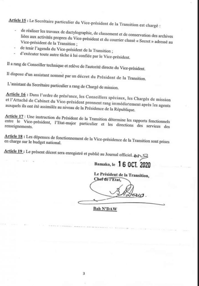 Mali: Le Colonel Assimi Goïta se dote d’un Cabinet d’une douzaine de membres (Documents)
