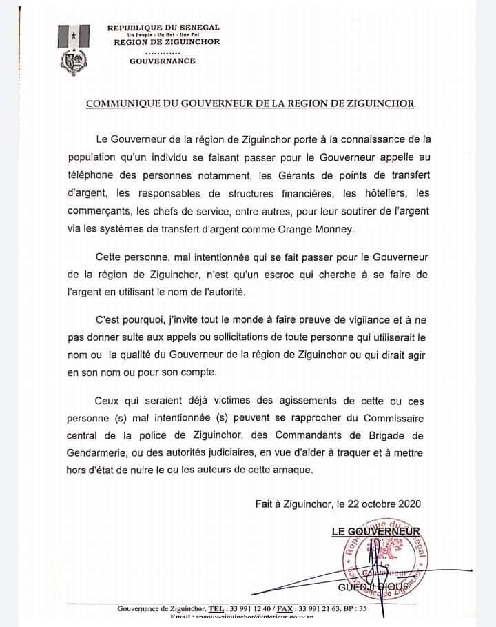 Un raquetteur se fait passer pour le gouverneur de Ziguinchor