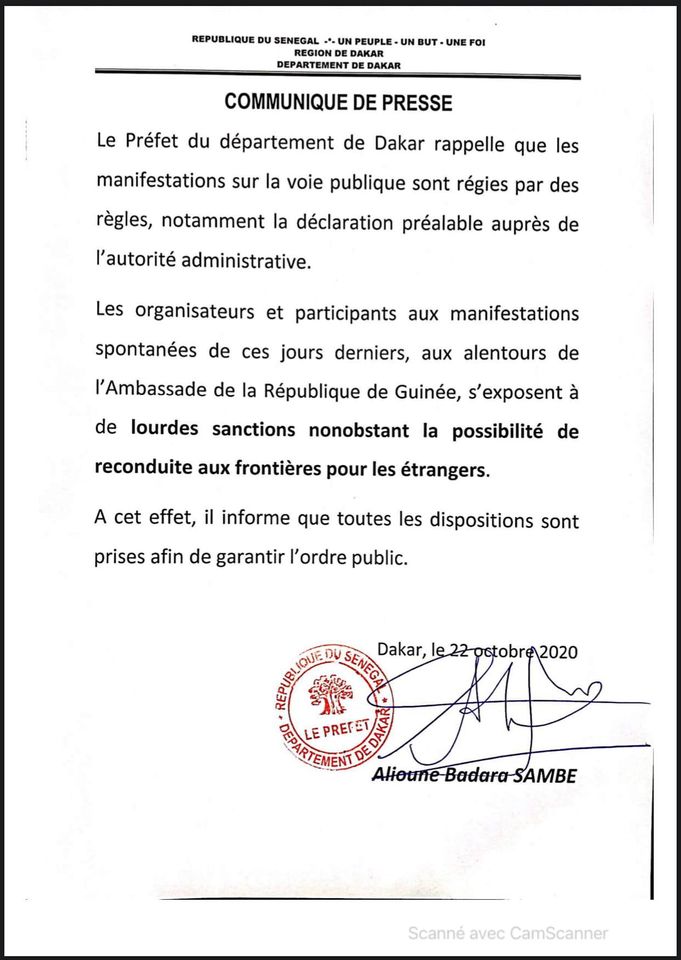 Manifestation contre Condé: Le préfet Dakar menace d'expulser les guinéens qui..