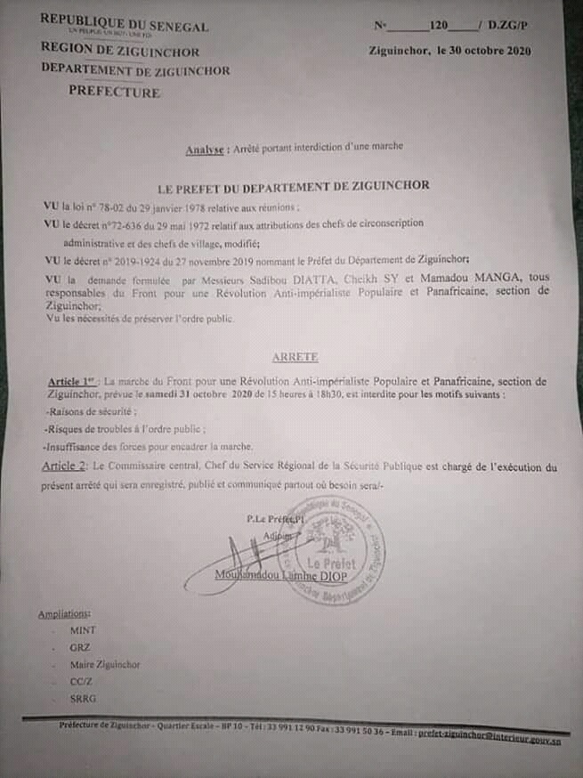 Départ de Condé: Le préfet de Ziguinchor interdit la rencontre (DOCUMENT)