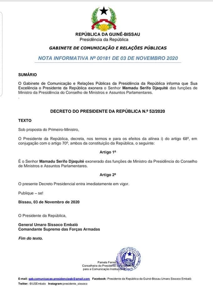 Bissau: Embaló remanie son gouvernement et crée le poste de "Vice Premier Ministre" (Documents)