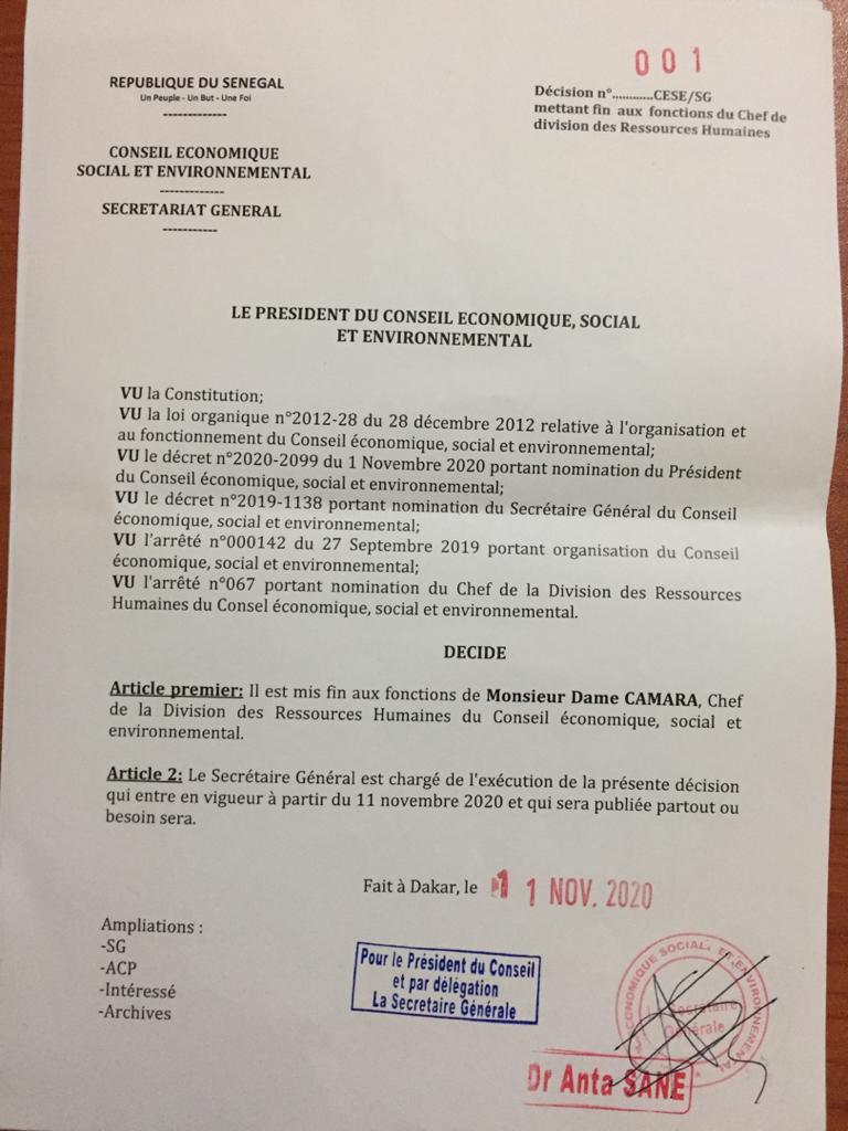 CESE : Le président Idrissa Seck limoge le DRH et le DAF (documents)