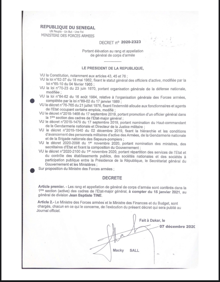 GENDARMERIE: Jean Baptiste Tine promu Général de Corps d’Armée (DÉCRET)