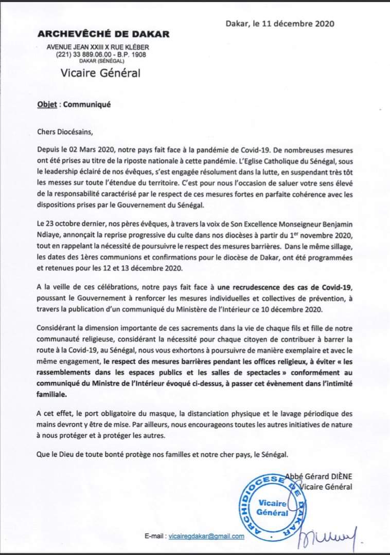 Covid-19: L'église catholique "valide" les mesures prises par le ministre de l'intérieur (Document)
