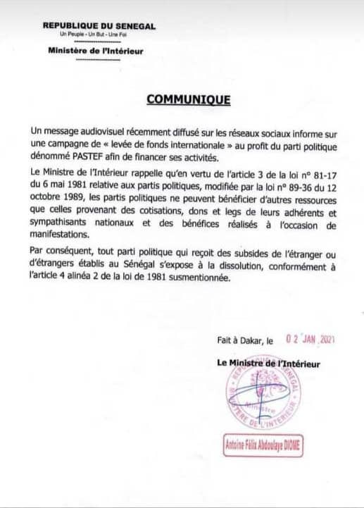 Levée de fonds: Le ministre de l'intérieur menace de dissoudre le parti de Sonko (DOCUMENT)