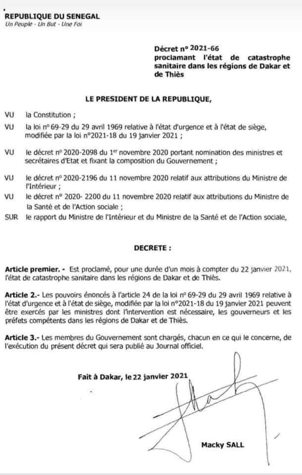 Covid-19 : Macky Sall décrète l’état de catastrophe sanitaire à Dakar et Thiès
