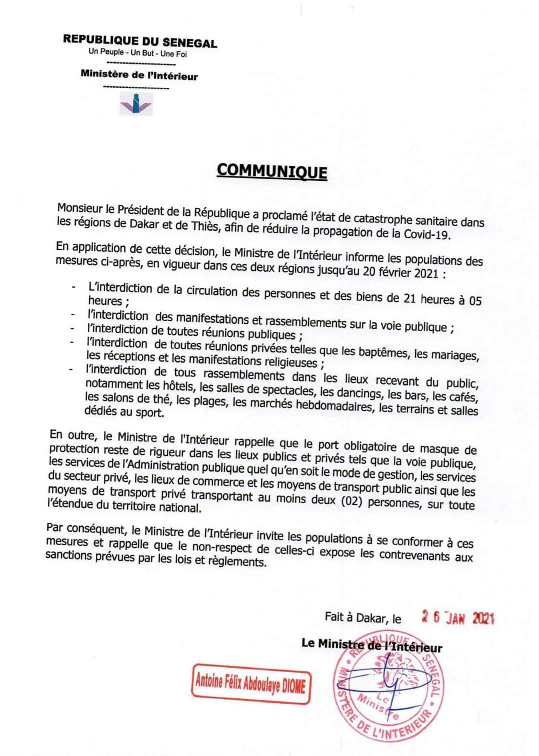 Le couvre feu maintenu jusqu'au 20 février (Ministre de l’intérieur )