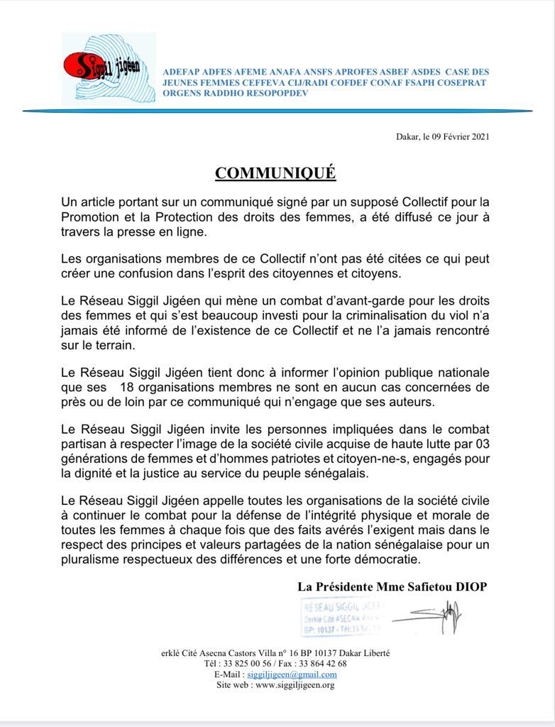 Affaire Adji Sarr : Le réseau "Siggil Jigeen" se démarque et assène ses vérités (Document)