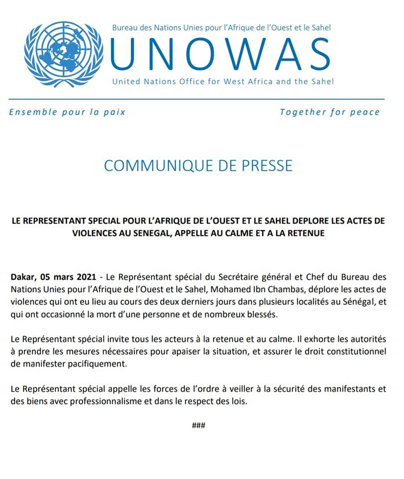 L’ONU exhorte Macky SALL à prendre les mesures nécessaires pour apaiser la situation