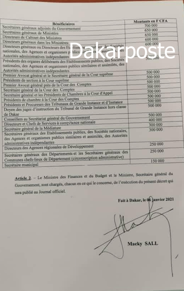 Le Pr Macky Sall alloue une indemnité forfaitaire à certains personnels de l'Etat et...(DÉCRET)