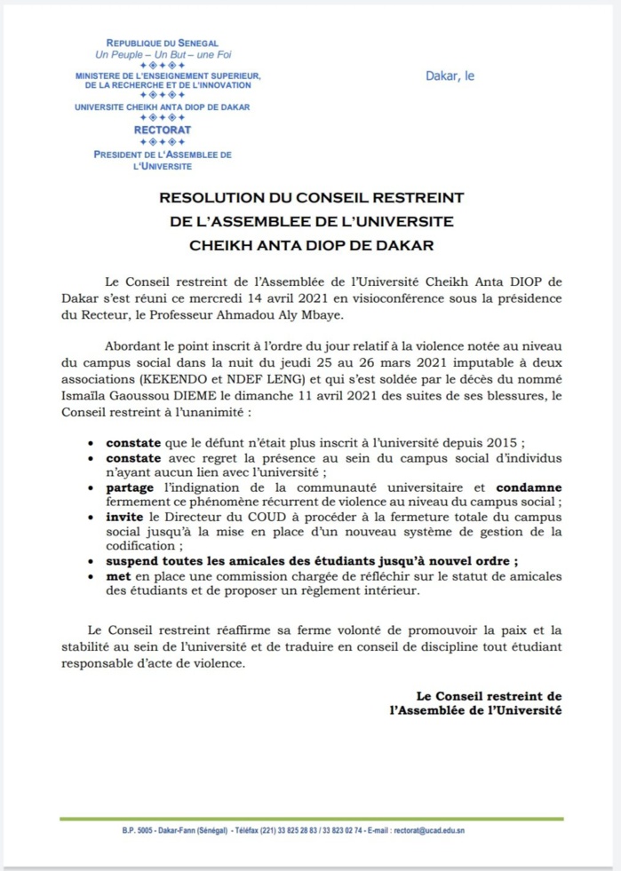 Violence à l’UCAD : Le conseil restreint suspend toutes les amicales (Document)