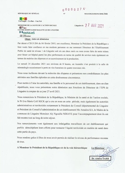Décès de 4 bébés : Le directeur de l’hôpital Magatte Lô, démissionne