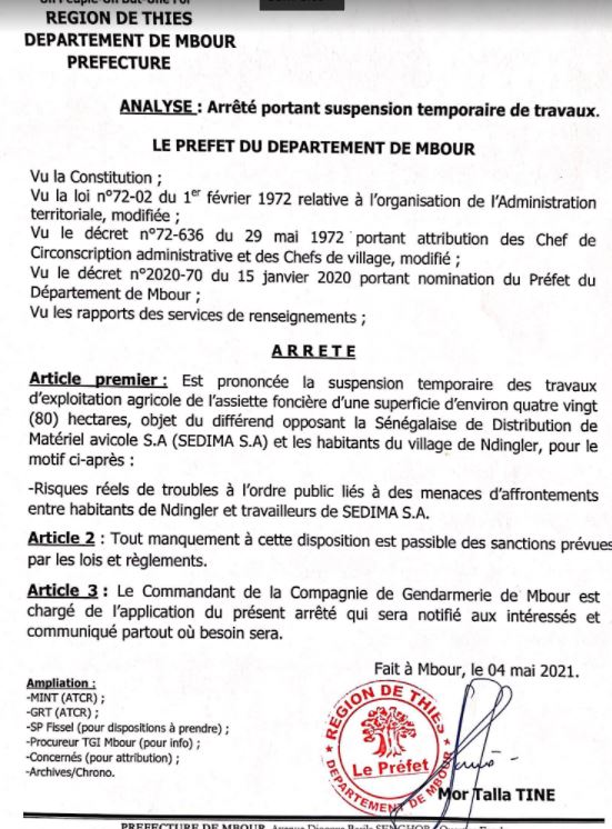Ndingler : Le préfet de Mbour suspend temporairement les travaux d'exploitation agricole