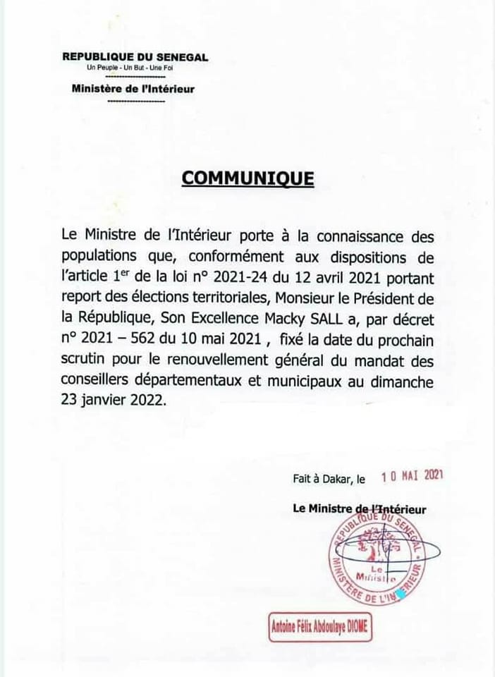 Le gouvernement fixe les élections locales le 23 janvier 2022 (DOCUMENT)